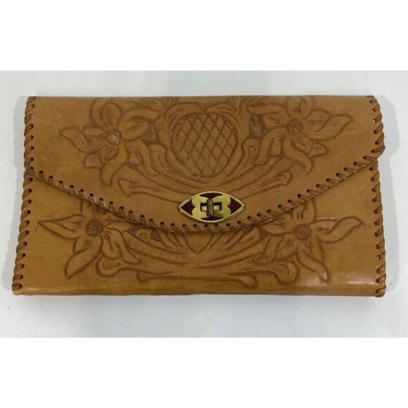 OOAK Vintage Hand Tooled Stitch Tan Leather Clutch Handbag Purse Hippie Boho 12” - Picture 1 of 14